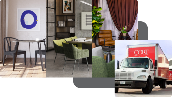 CORT kitchen, dinning room, living room, CORT truck image collage
