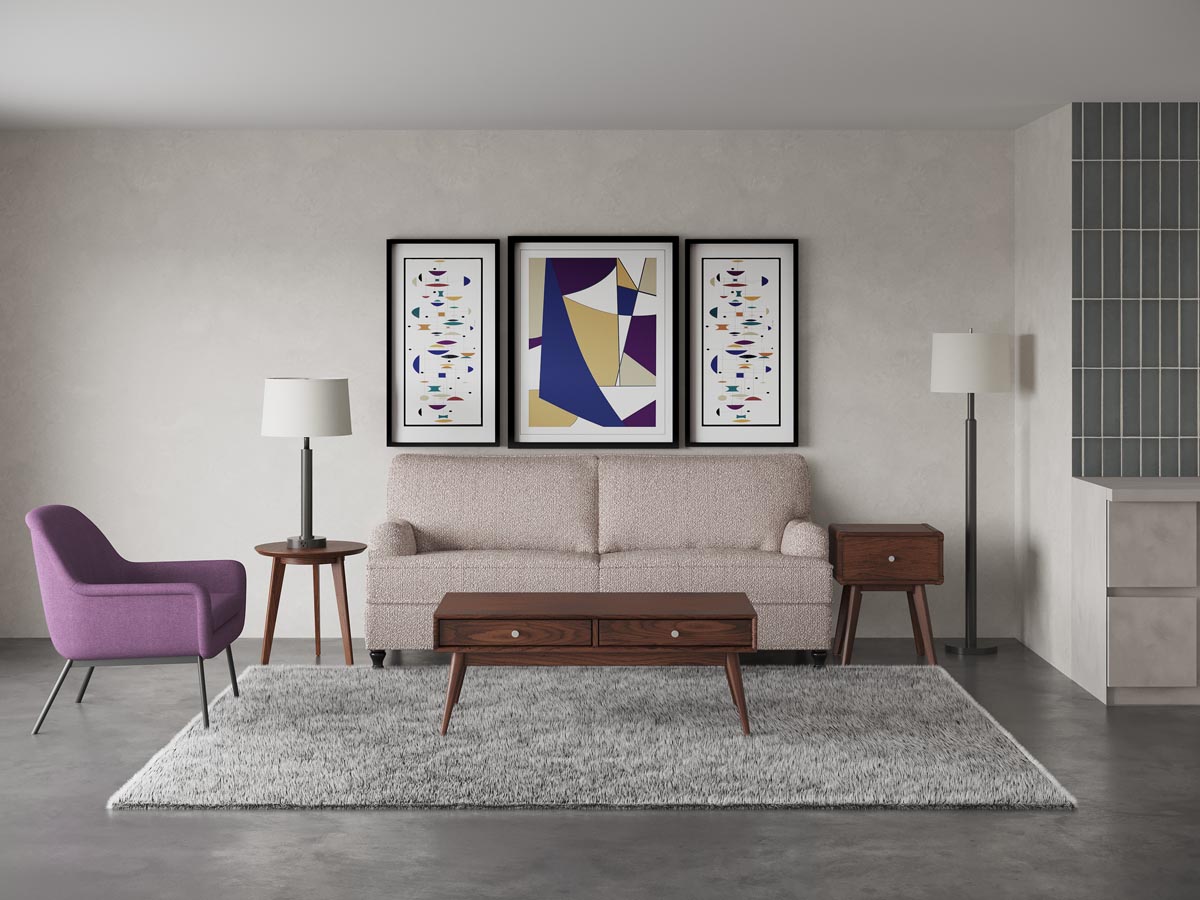 Beige sofa with purple chair and modern decor