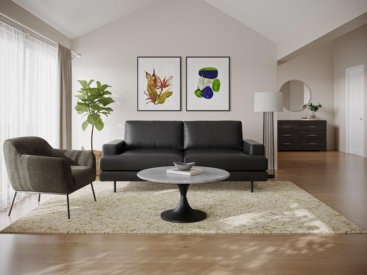 Another living room setup with black sofa