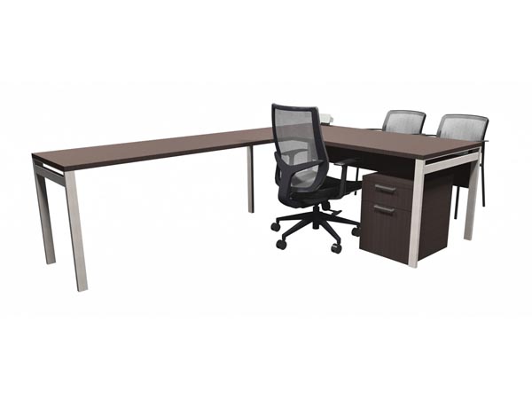 Rent the STAKS 30" x 66" L-Shaped Steel Gray Oak Desk, 48" Left Return