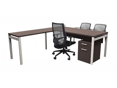 Rent the STAKS 30" x 72" L-Shaped Steel Gray Oak Desk, 48" Left Return