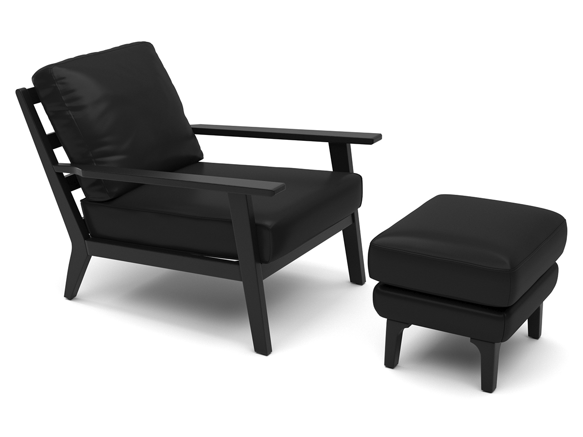 Black leather armchair with ottoman set shown from an angled perspective
